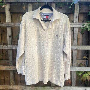 Vintage Tommy Hilfiger Cable Knit Polo Sweater Cream Preppy Classic